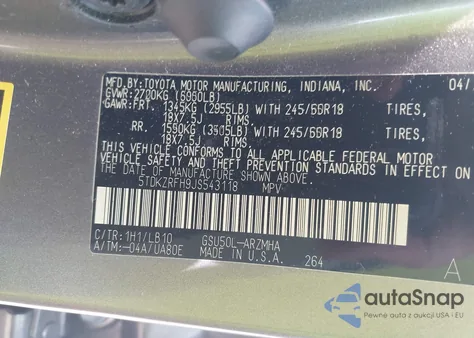 2018 Toyota Highlander Xle z USA, uszkodzony, nr VIN 5TDKZRFH9JS543118